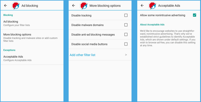 שלושת המסכים האחרונים של Adblock Plus Android