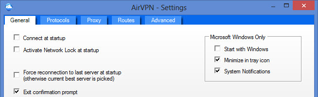 Algemene instellingen van AirVPN Client