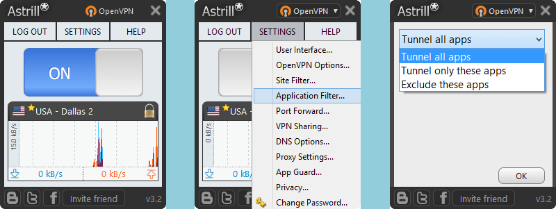 Astrill VPN: OpenVpn - एप्लिकेशन फ़िल्टर