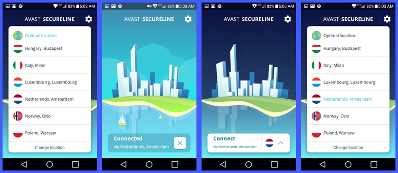 SecureLine برنامه Android اتصال Amsterdam