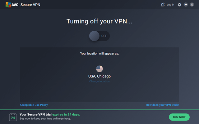 AVG VPN ქსელის გაუქმების ეკრანი