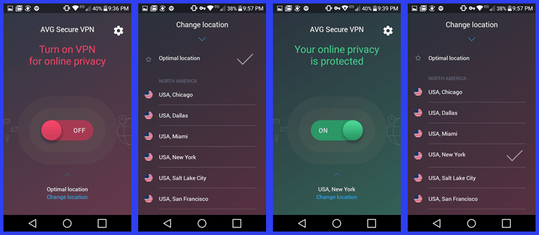 ახალი მდებარეობის არჩევა და დაკავშირება AVG VPN Android აპლიკაციით