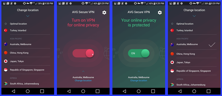 ვირტუალური ადგილების შეცვლა AVG VPN Android აპლიკაციით