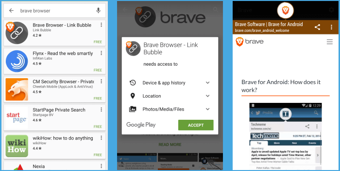 बहादुर ब्राउज़र Android स्थापित करें