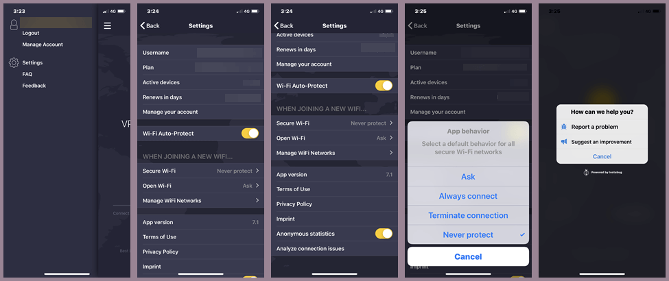 CyberGhost VPN-menu en app-instellingen voor iOS