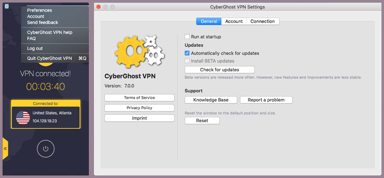 CyberGhost VPN Mac OS X App-menu