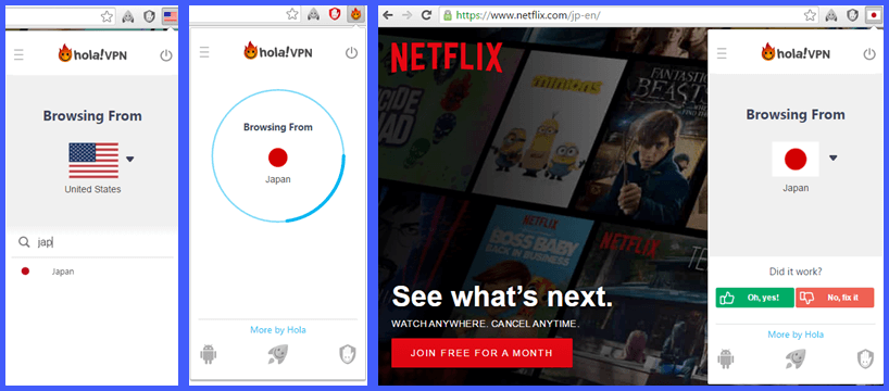 تغییر از کتابخانه محتوای Netflix ایالات متحده به کتابخانه ژاپنی با Hola VPN