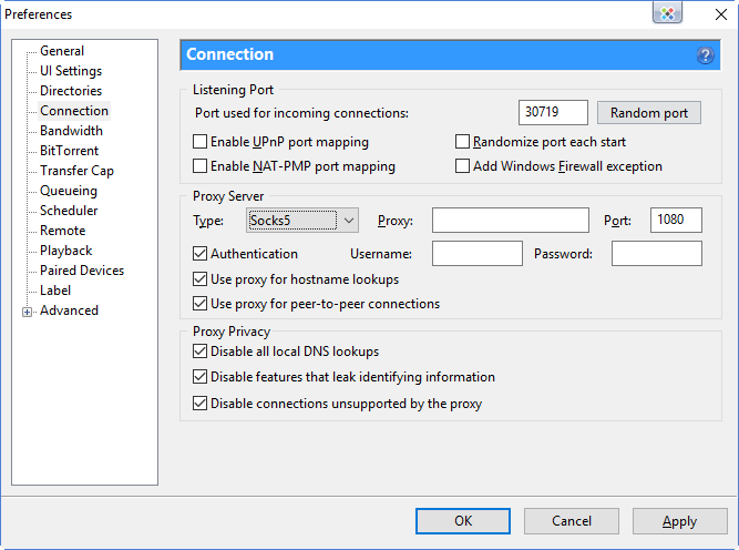 Configurazione del proxy uTorrent Socks5