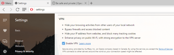 ოპერის VPN პარამეტრები