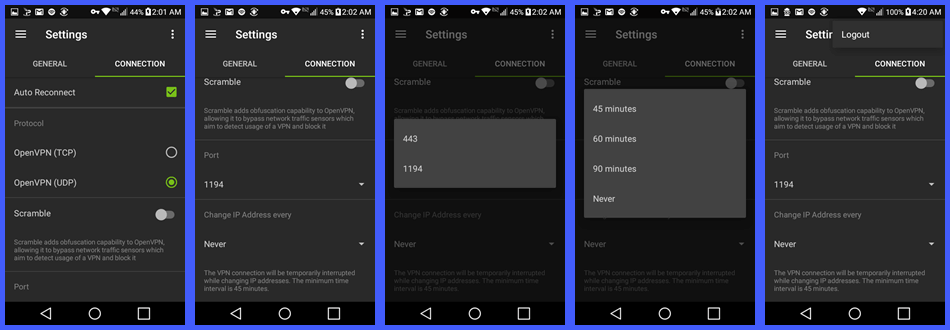 Impostazioni di connessione IPVanish per l'app Android