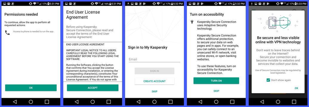 Kaspersky უსაფრთხო კავშირი VPN პარამეტრით