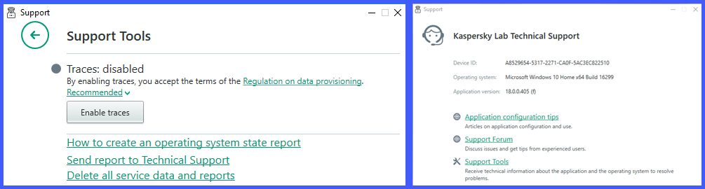 Menu di supporto client Kaspersky per Windows