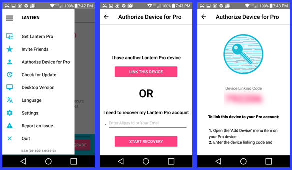 Lantern Pro- ის უფლებამოსილება თქვენს Android ტელეფონზე