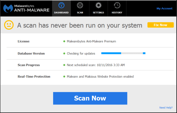 Skenēšanas ekrāns Malwarebytes