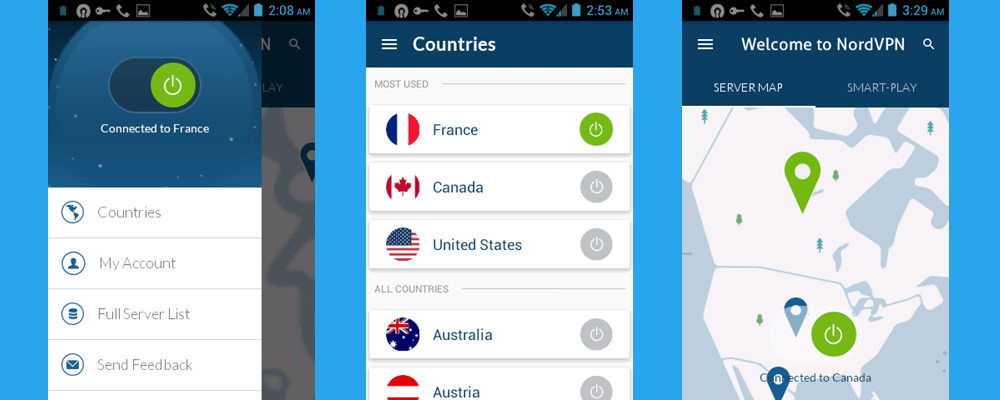 NordVPN Android App- ის ქვეყნების კავშირი კანადასთან