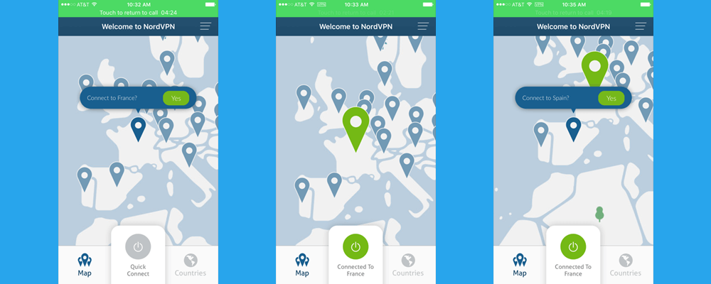 Koneksi Peta Aplikasi NordVPN iOS ke Prancis