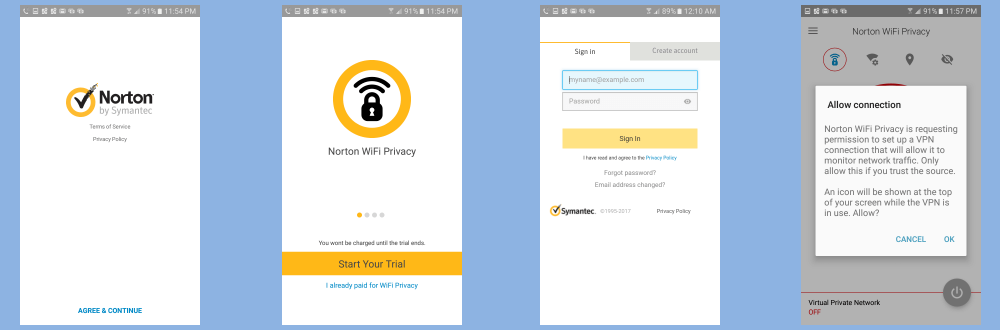 Norton WiFi Privacy Secure VPN Android App ورود به سیستم