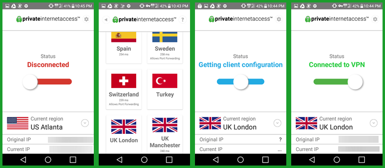 वर्चुअल लंदन स्थान से कनेक्ट करने के लिए निजी इंटरनेट एक्सेस एंड्रॉइड ऐप का उपयोग करना
