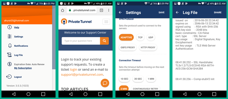 Privātā tuneļa Android lietotnes izvēlne