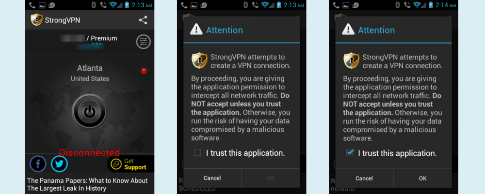 Android StronVPN გამაფრთხილებელი შეტყობინება