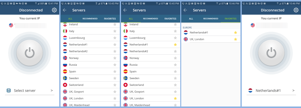 Een locatie selecteren om verbinding mee te maken via de SwitchVPN Android-app