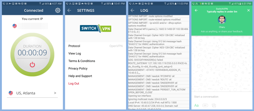 Android SwitchVPN App instellingenmenu