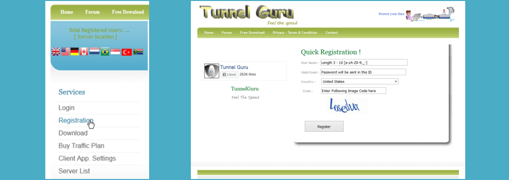 ایجاد یک حساب TunnelGuru
