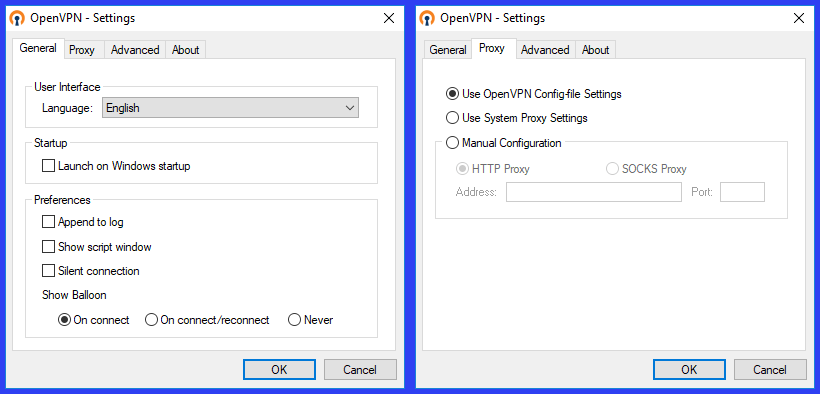 OpenvPN GUI 일반 및 프록시 설정