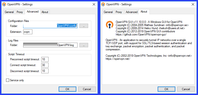 OpenVPN Advanced og About Settings flipar