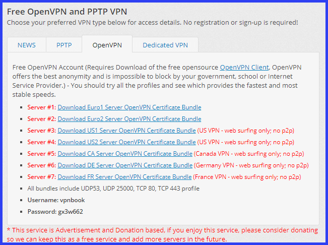 VPNBook 네트워크 서버 프로파일 다운로드