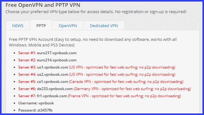 VPNBook PPTP Protocol Connection Data
